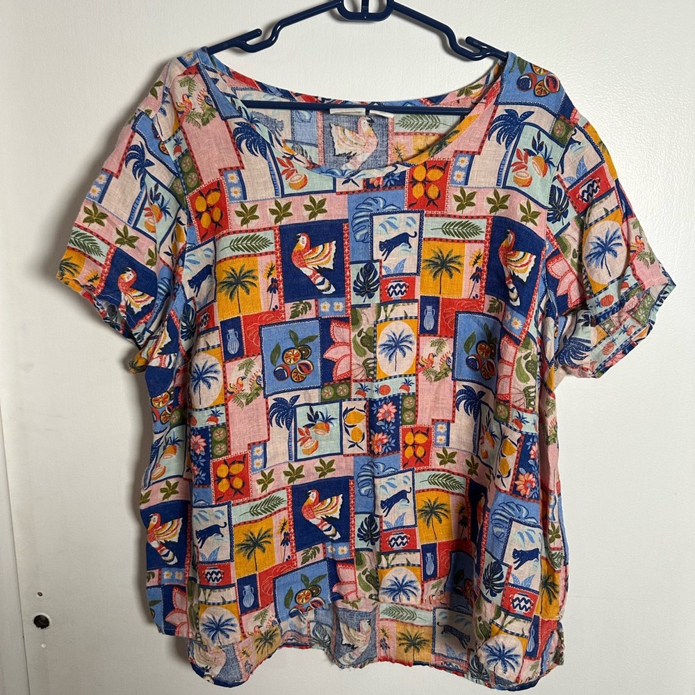 C&C California 100% Linen Tropical Patchwork Print Top